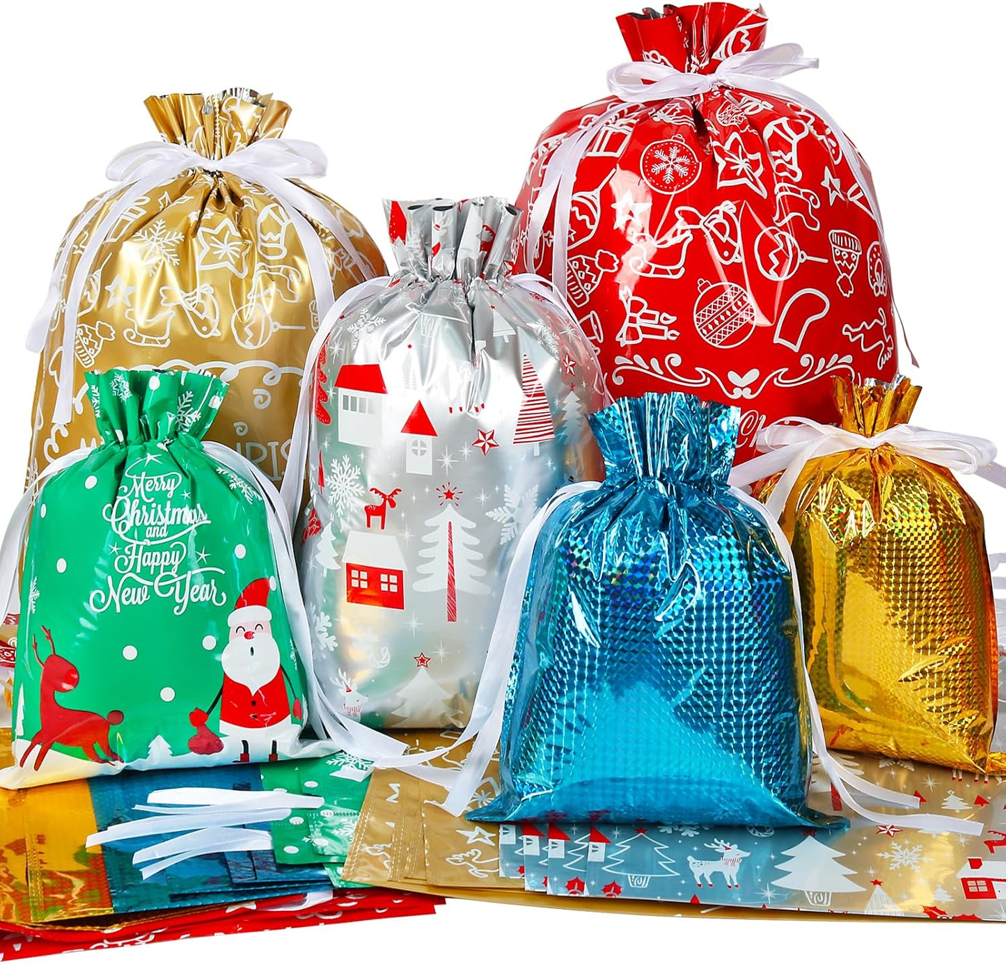 🔥Assorted Sizes 🎅30pcs Foil Drawstring Christmas Gift Bags