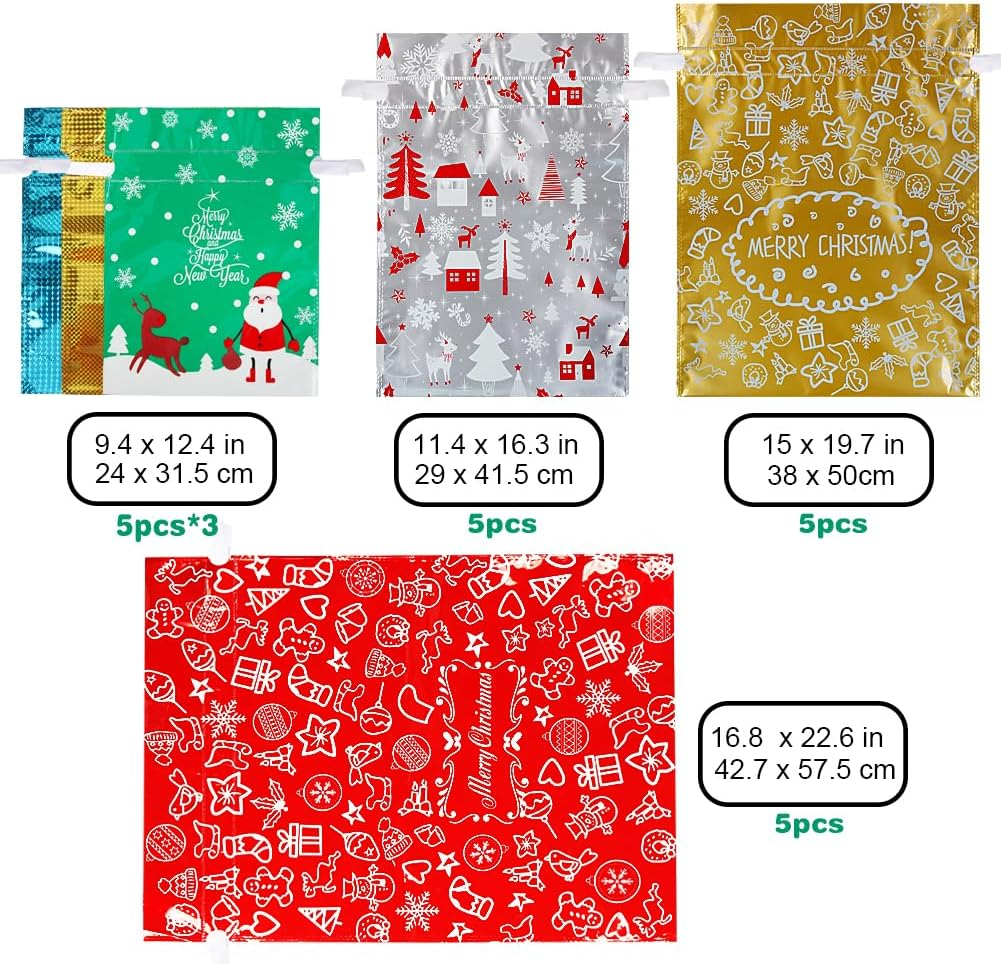 🔥Assorted Sizes 🎅30pcs Foil Drawstring Christmas Gift Bags