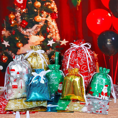🔥Assorted Sizes 🎅30pcs Foil Drawstring Christmas Gift Bags