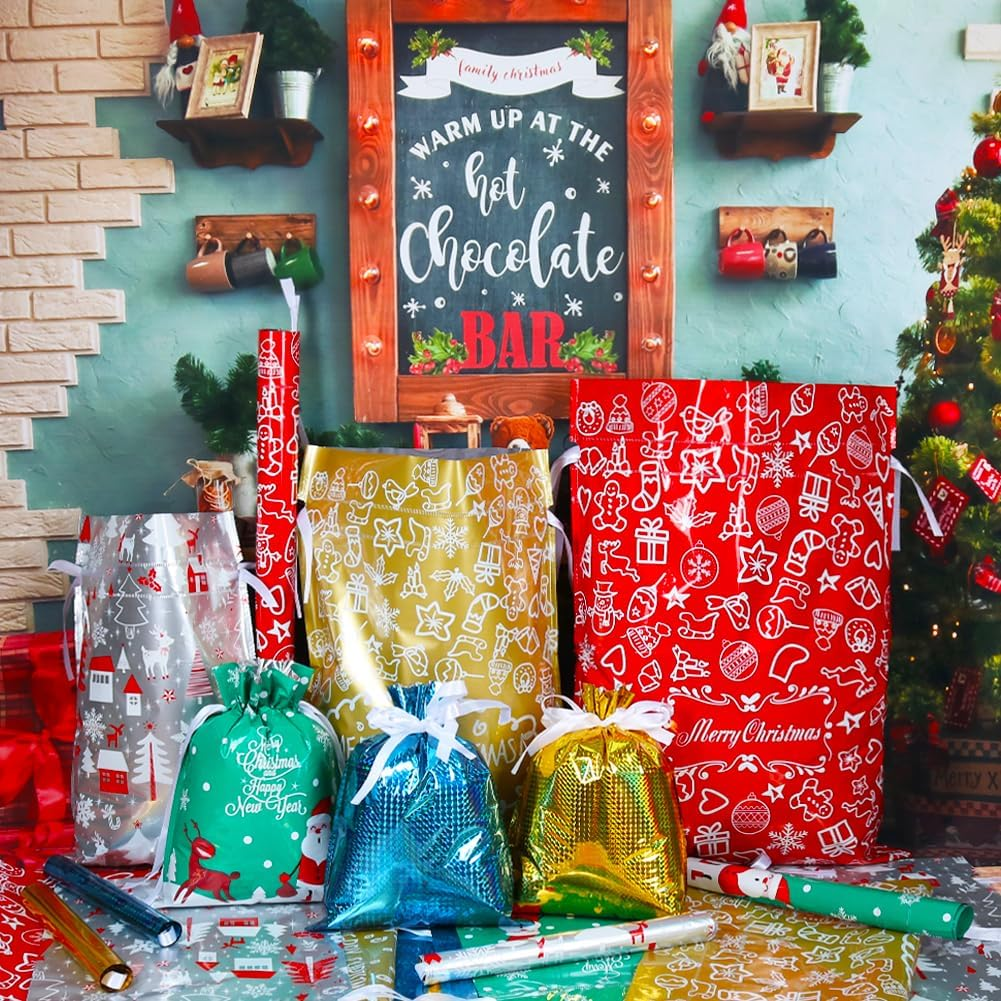 🔥Assorted Sizes 🎅30pcs Foil Drawstring Christmas Gift Bags