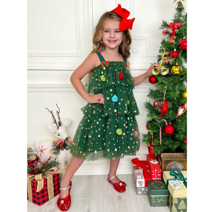 🎅Early Christmas Sale 🎅🎄Christmas Starry Tulle Dress in Dreamy Green