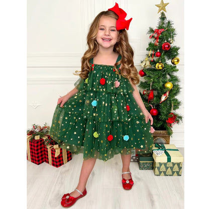 🎅Early Christmas Sale 🎅🎄Christmas Starry Tulle Dress in Dreamy Green